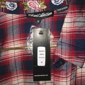 Tolani Floral Embroidered Plaid Button Down Shirt in Red and Blue